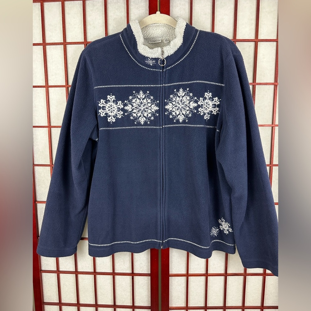 Croft & Borrow Blue White Snowflake Fleece Full Zip Jacket Grandmacore Cozy